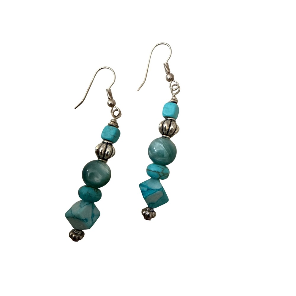 Boho Turquoise Blue Stone and Cats Eye Beaded Drop Earrings Silver Tone Hook